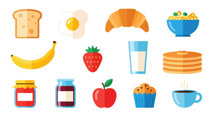Breakfast food collection vector illustrations of various morning meal items