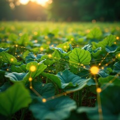 Obraz premium Green soybean field with glowing digital network overlay. Precision agriculture tech enhances crop growth. Smart farming uses data for better yields. Future farming is connected.