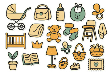 Collection of baby items including a stroller, crib, and baby bottle