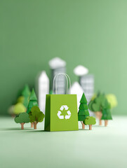 Green paper shopping bags with recycling logo