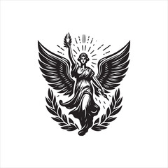 Victorious winged woman with torch and laurel wreath vector logo illustration, an emblem of strength and freedom