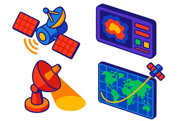 Satellite Weather Icons. Isometric vector illustration set Satellite Weather Systems: Geostationary satellite dish, thermal