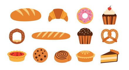 Assorted baked goods collection bread pastries and desserts isolated