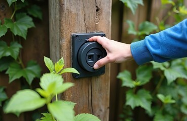Hand closing a waterproof electrical socket on a wooden post. The outdoor outlet is surrounded by green plants and ivy on a sunny day. Power for garden devices.