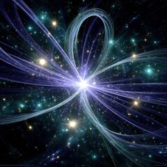 Obraz premium A vibrant, abstract fractal pattern resembling a starburst or nebula, with luminous purple and teal light trails radiating outwards against a dark, star-filled