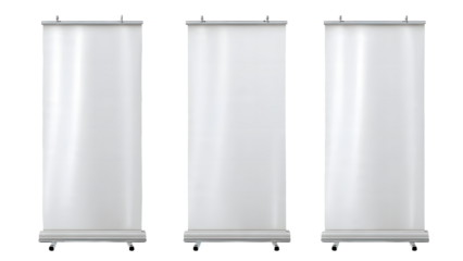 ia generated. Three blank roll-up banners lined up on a white background, ideal for exhibitions, fairs, advertising, or business presentations.