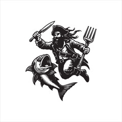 Pirate Chef With Fish Vector Logo Illustration For Seafood Restaurant