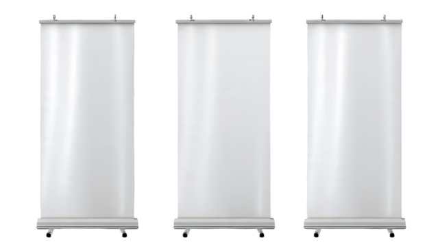 ia generated. Three blank roll-up banners lined up on a white background, ideal for exhibitions, fairs, advertising, or business presentations. - Powered by Adobe