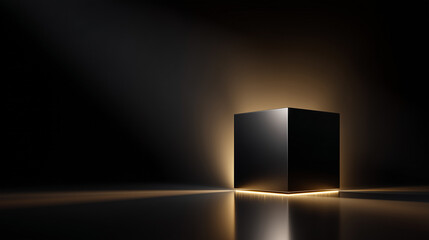 Black cube illuminated from within presents an abstract composition with glowing edges and dramatic shadows. Black cube rendering symbolizes mystery and intrigue on reflective surface,