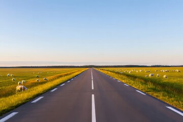 Naklejka premium Rural Road with Grazing Sheep under Golden Hour Sunlight