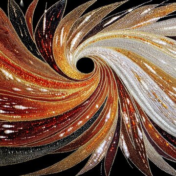 An abstract swirling pattern composed of tiny beads and glitter in warm colors like gold, orange, and red, against a stark black background. The texture is rich