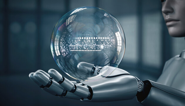 Digital Sphere and Android: An android hand delicately cradles a digital sphere filled with data, showcasing technological advancement and future innovation. - Powered by Adobe