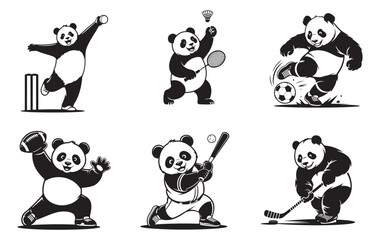 Cute Sports Panda Silhouette Set, Athletic Panda Mascot Vector Art.