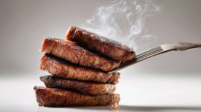 Steak slices steaming, stacked and lifted by fork
