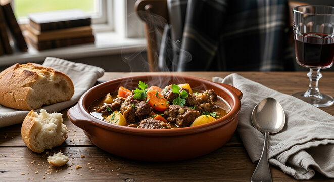 Stewed meat with bread steaming bowl of hearty beef stew with potatoes and carrots on rustic wooden table, served with torn crusty bread and glass of red wine, cozy homemade comfort dinner - Powered by Adobe