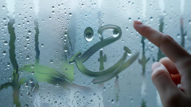 Finger Draws Smiley Face on Steamy Window With Condensation Close Up