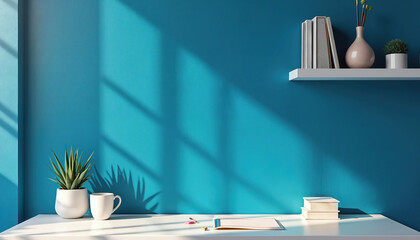 Clean white desk with potted plant and mug sits before bright blue wall. Shelf above holds books and decor. Natural light creates shadows. Perfect for home office or study space.
