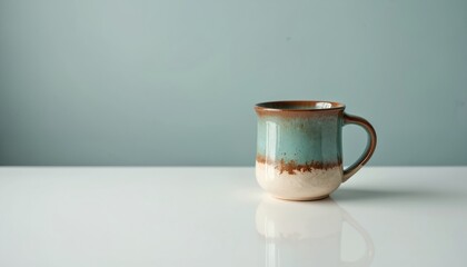Ceramic mug placed on white surface. The mug has teal brown colors. Clean studio photo of coffee cup. Perfect for brand promotion. Best for online store mockup or social media content.
