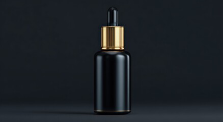 Black cosmetic dropper bottle with gold accents on dark background.