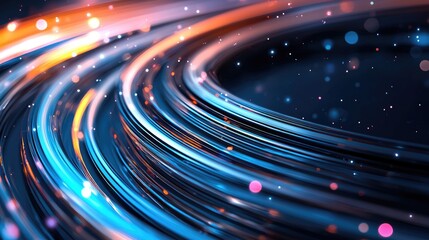 Abstract swirling light trails in blue and orange hues, with bokeh and small particles, creating a sense of motion and energy.