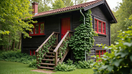 Charming wooden house surrounded by lush greenery, featuring red door and windows, with climbing vines exterior. serene setting evokes sense