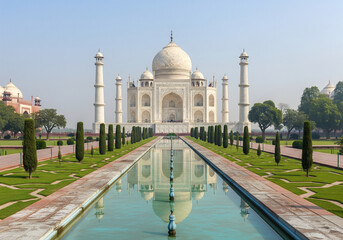 Obraz premium Taj Mahal with central dome and four minarets reflected in a long pool, framed by gardens and clear sky.