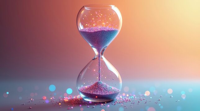 A crystal-clear glass hourglass filled with colorful glowing particles flowing from the top chamber to the bottom, creating a sense of motion and time passing.