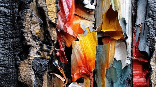 Close-up macro view of thick, impasto paint strokes in various vibrant colors like red, orange, yellow, and blue, layered over a dark, rough, charred wood textu