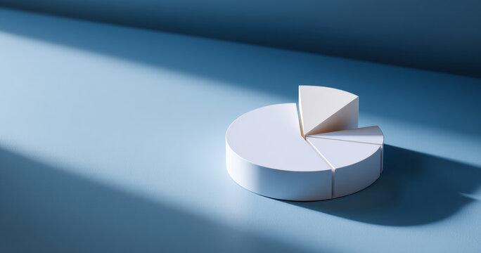 Minimalistic white 3D pie chart with separated slices casting shadows on blue surface in soft light