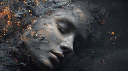 Woman's face buried in ash creating dramatic photo, a striking image. Buried face surrounded by dark grey ash and subtle orange sparkles enhances dramatic photo.
