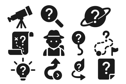 Icons of Curiosity. Solid style icons of Curiosity: telescope with ?, magnifying glass mark, discovery question, space mystery,