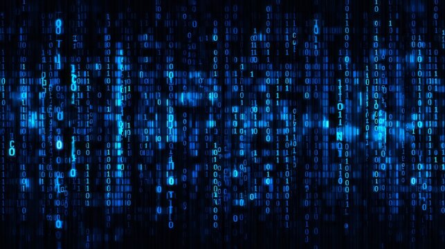 Digital information streams composed of glowing blue binary code cascade against a dark background