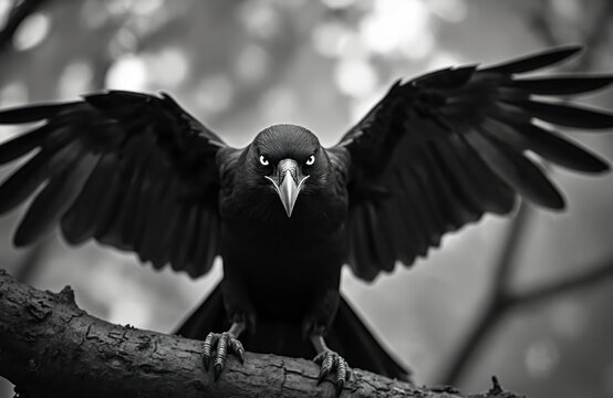 Angry black crow with spread wings sits on a tree branch. The bird looks at camera with sharp eyes and beak. Dark raven poses in nature. This wild creature seems menacing.