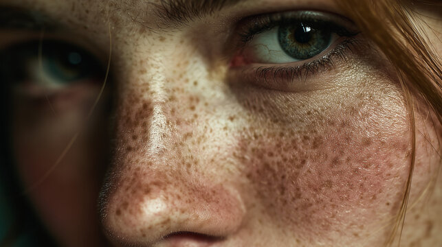Close-up on face with freckles showcasing natural skin and vibrant green eyes. Freckles add character and charm to this portrait, enhancing natural beauty. - Powered by Adobe