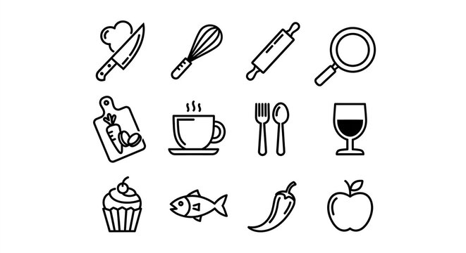 Food Icons Set Cooking, Kitchen Utensils, Restaurant Menu, Vector