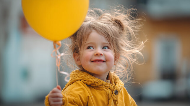 Little girl portrait with yellow balloon looking up with soft focus background. Girl with balloon enjoys a sunny day outdoors, her cheerful expression capturing pure joy and innocence. - Powered by Adobe