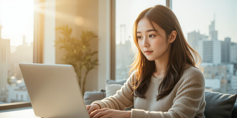 Young woman working on laptop in bright modern room with city view and warm sunlight creating productive business lifestyle atmosphere and clean professional workspace
