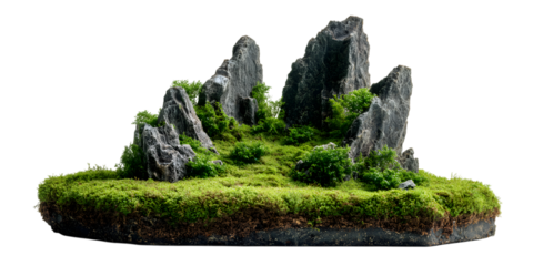 Miniature lush green island landscape with jagged rocks and moss