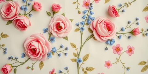 Delicate blush roses & bluebells on faded cream cotton, intricate print,  delicate,   fabric texture