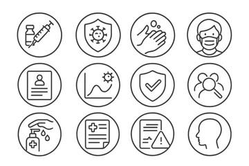 Public Health Icons. Line style round icons of public health and prevention: vaccination icon, virus shield, handwash guide, face