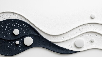 An abstract composition featuring dark blue and white wavy layers resembling a Yin Yang symbol, adorned with water droplets and small white circles against a te