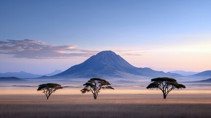 Three iconic acacia trees stand in a misty savanna landscape with the majestic Mount Kilimanjaro in the background at sunrise. The sky is a soft gradient of blu