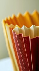 Close-up of an accordion file folder with sections in shades of red, orange, and yellow. The image has a shallow depth of field and soft, warm lighting.