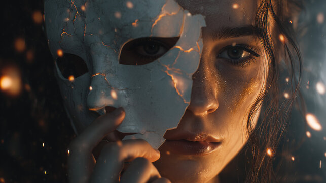 Broken mask revealing fragility, closeup portrait of young woman. Broken mask evokes hidden emotion, portraying vulnerability and truth beneath facade.