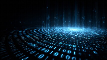 Digital information streams upward from a swirling surface composed of glowing binary code