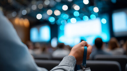 Close-up of hand holding conference badge in blurred audience at professional event with bright stage lights