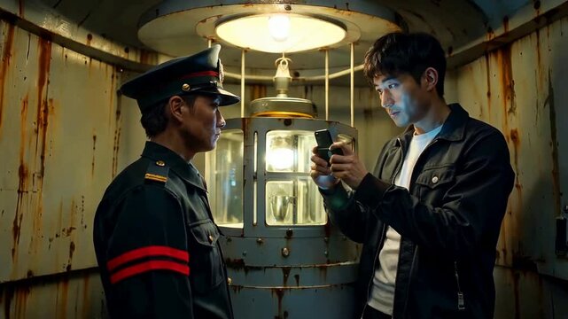 Man in uniform confronts man holding phone in dimly lit train car.