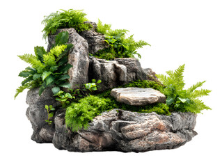 Miniature lush waterfall rockery with ferns and greenery on black background