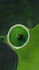 An aerial drone shot captures a unique landscape with a circular road encircling a solitary tree. The surrounding fields are vibrant green, with distinct patter