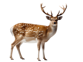 Majestic spotted deer with antlers stands proudly against a dark background